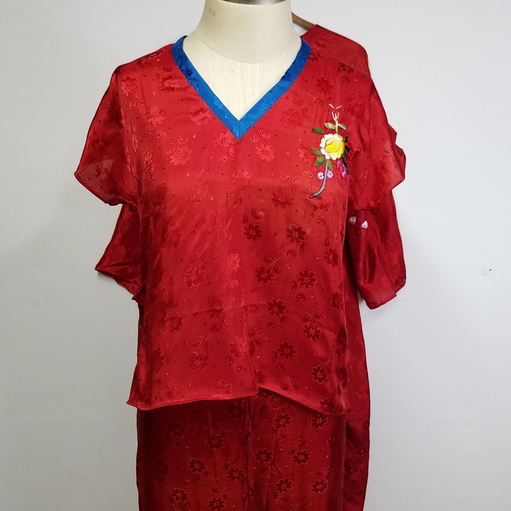 Vintage Red Satin Floral Jacquard Pajama Set with Embroidery and Matching Box
